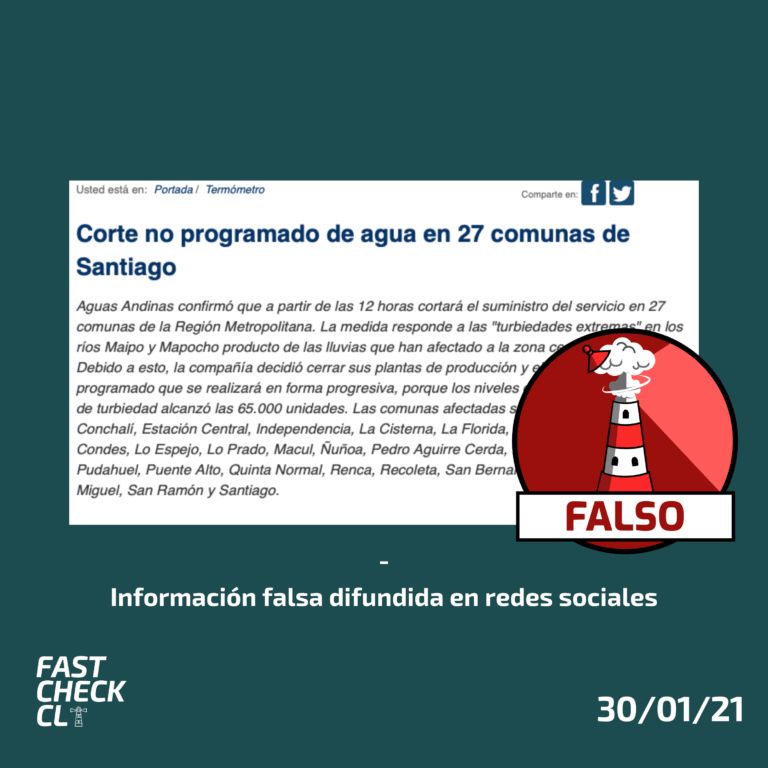 Read more about the article (Imagen) Corte no programado del suministro de agua en 27 comunas de Santiago: #Falso