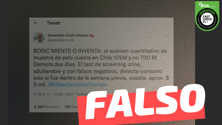 Read more about the article “Boric miente o inventa: El examen (de droga) de muestra de pelo cuesta en Chile $125.000 y demora dos d铆as”: #Falso