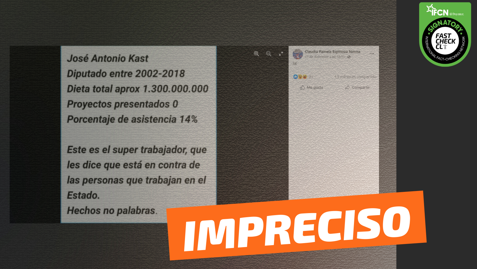 You are currently viewing “José Antonio Kast en los años en que fue diputado tuvo una dieta total aproximada de $1.300.000.000, presentó cero proyectos y tuvo una asistencia del 14%”: #Impreciso