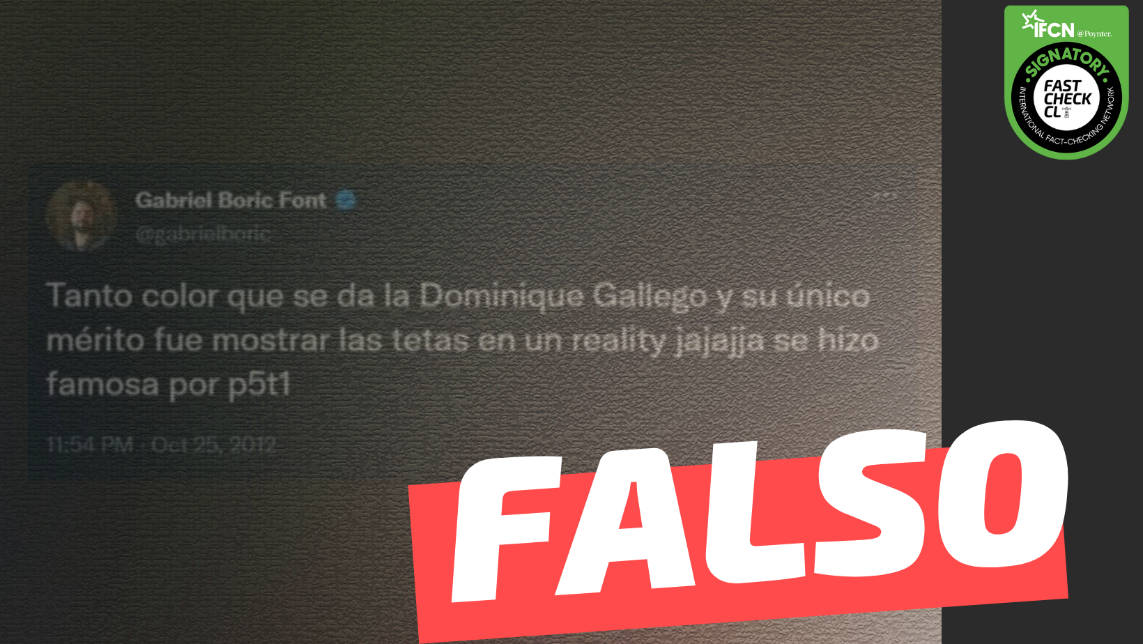 You are currently viewing Gabriel Boric: “Tanto color que se da la Dominique Gallego y su único mérito fue mostrar las t… en un reality. Se hizo famosa por p5t1”: #Falso