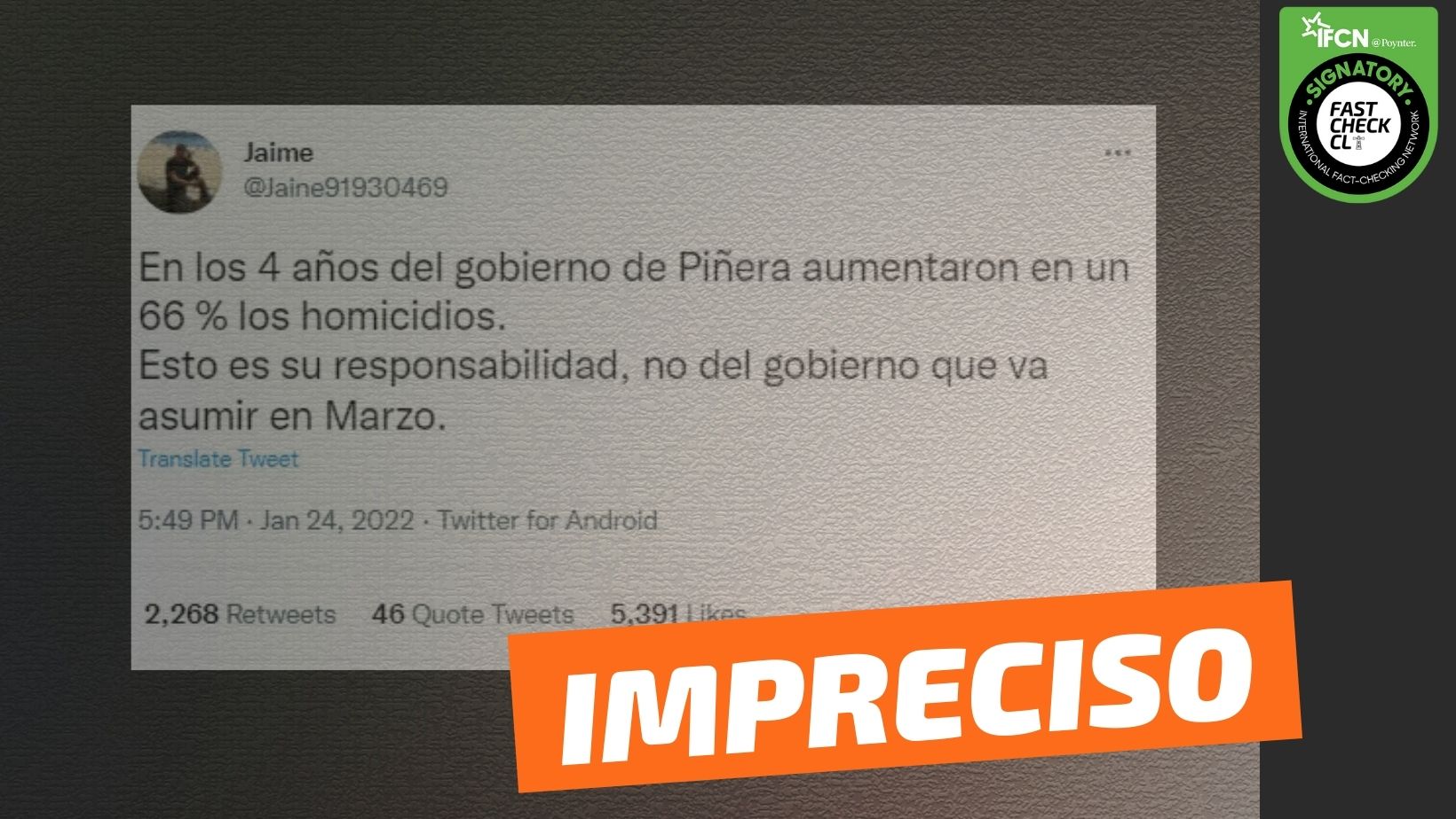 You are currently viewing “En los 4 años de gobierno de Piñera, aumentaron en un 66% los homicidios”: #Impreciso