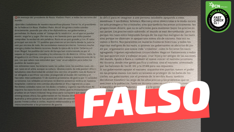 Read more about the article “Un mensaje importante del presidente de Rusia, Vladimir Putin, a todas las naciones del mundo (…)”: #Falso