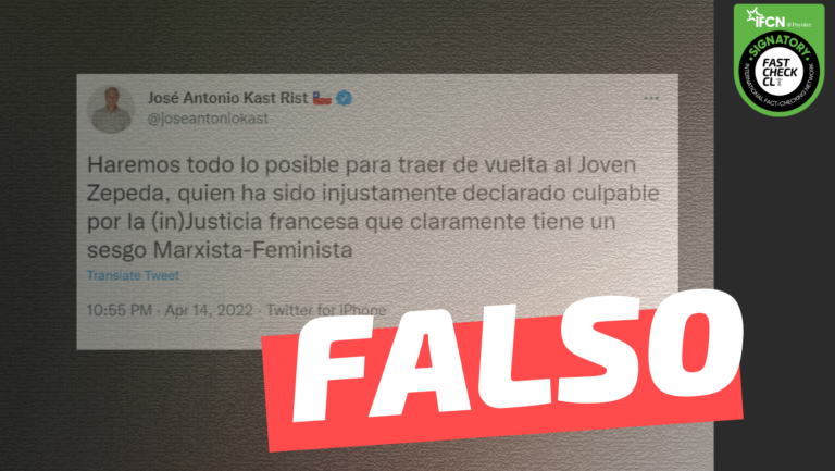 Read more about the article (Imagen) José Antonio Kast: “Haremos todo lo posible para traer de vuelta al joven Zepeda, quien ha sido injustamente declarado culpable por la (in) justicia francesa que tiene un sesgo marxista-feminista”: #Falso