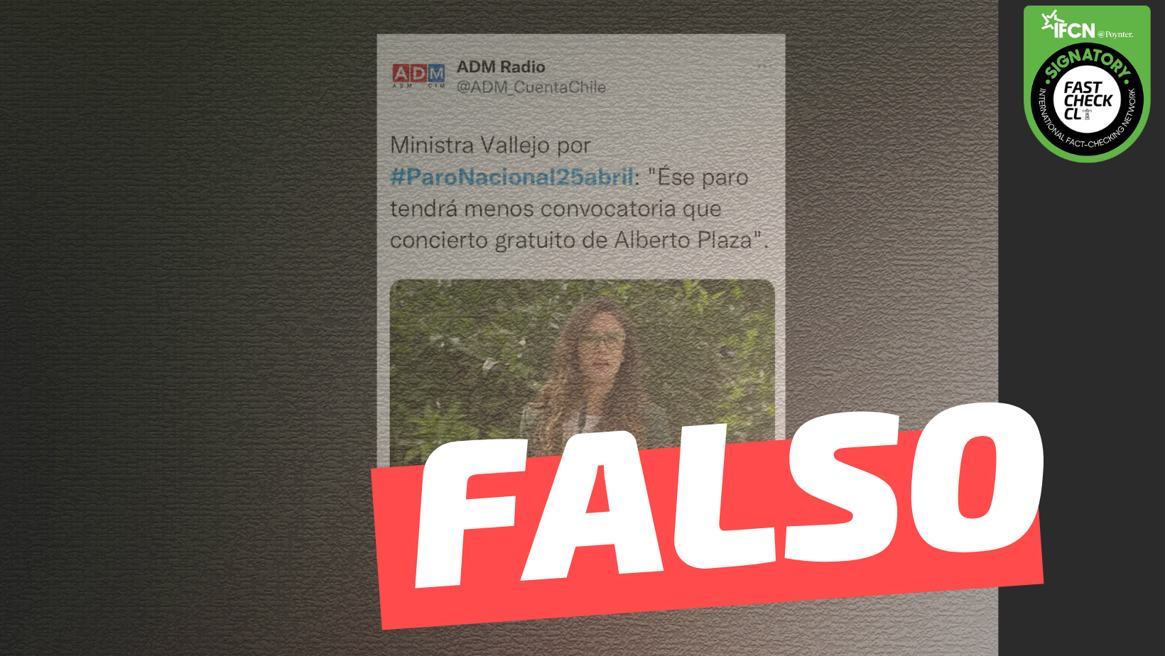Read more about the article Ministra Vallejo por Paro Nacional 25 de abril: “Ese paro tendrá menos convocatoria que concierto gratuito de Alberto Plaza”: #Falso