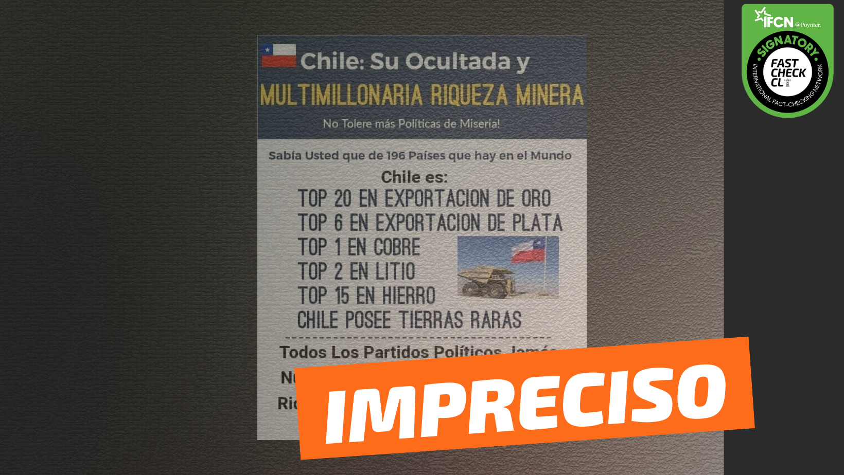 You are currently viewing “Chile es: Top 20 en exportación de oro, top 6 en exportación de plata, top 1 en cobre, top 2 en litio, top 15 en hierro”: #Impreciso
