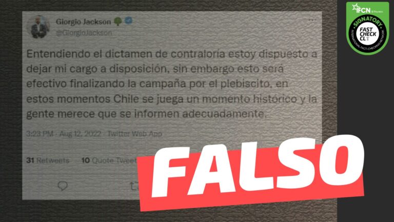 Read more about the article Giorgio Jackson: “Entendiendo el dictamen de Contraloría estoy dispuesto a dejar mi cargo a disposición, sin embargo esto será efectivo finalizando la campaña por el plebiscito”: #Falso