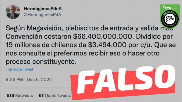 Lee más sobre el artículo “Plebiscitos de entrada y salida, más Convención, costaron $66.400.000.000. Dividido por 19 millones de chilenos da $3.494.000 por c/u”: #Falso