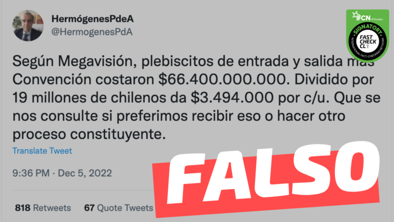 Read more about the article “Plebiscitos de entrada y salida, más Convención, costaron $66.400.000.000. Dividido por 19 millones de chilenos da $3.494.000 por c/u”: #Falso