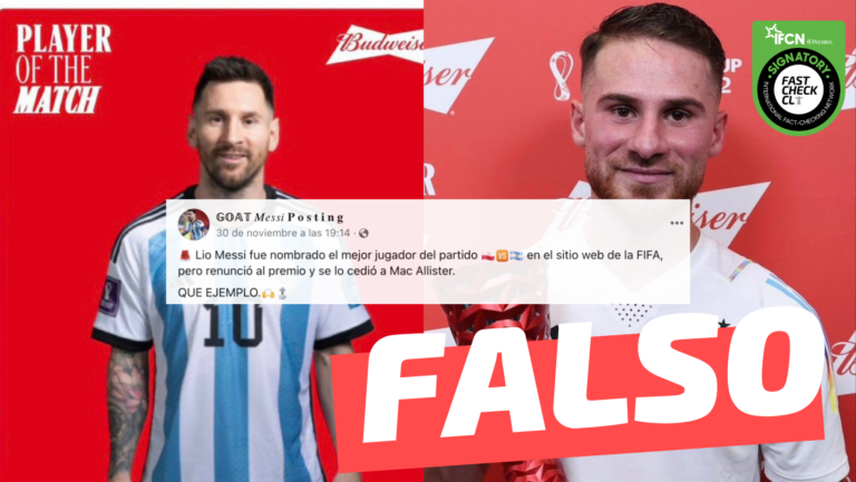 Read more about the article “Lio Messi fue nombrado el mejor jugador del partido en el sitio web de la FIFA, pero renunció al premio y se lo cedió a Mac Allister”: #Falso