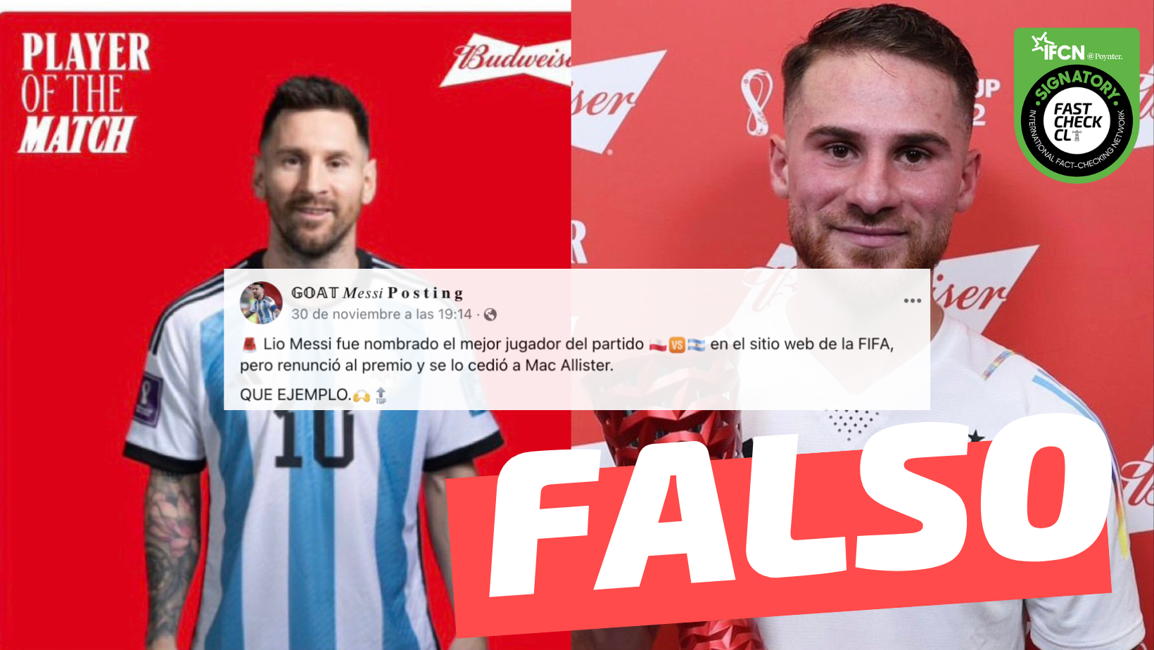 You are currently viewing “Lio Messi fue nombrado el mejor jugador del partido en el sitio web de la FIFA, pero renunció al premio y se lo cedió a Mac Allister”: #Falso