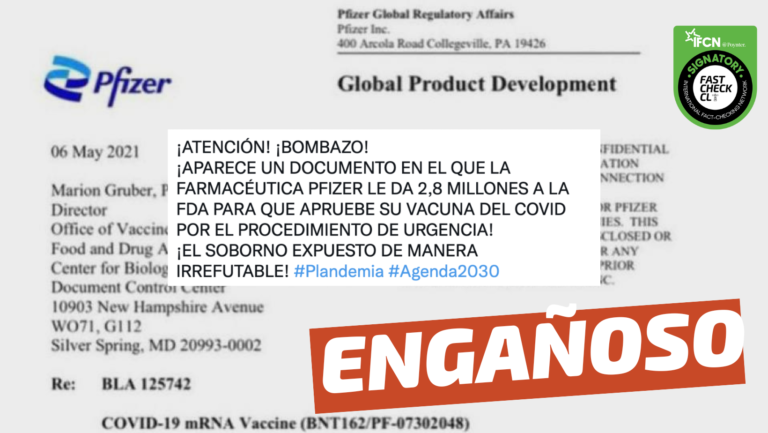 Read more about the article (Imagen) “Farmacéutica Pfizer le da 2,8 millones a la FDA para que apruebe su vacuna de covid-19. El soborno expuesto de manera irrefutable”: #Engañoso