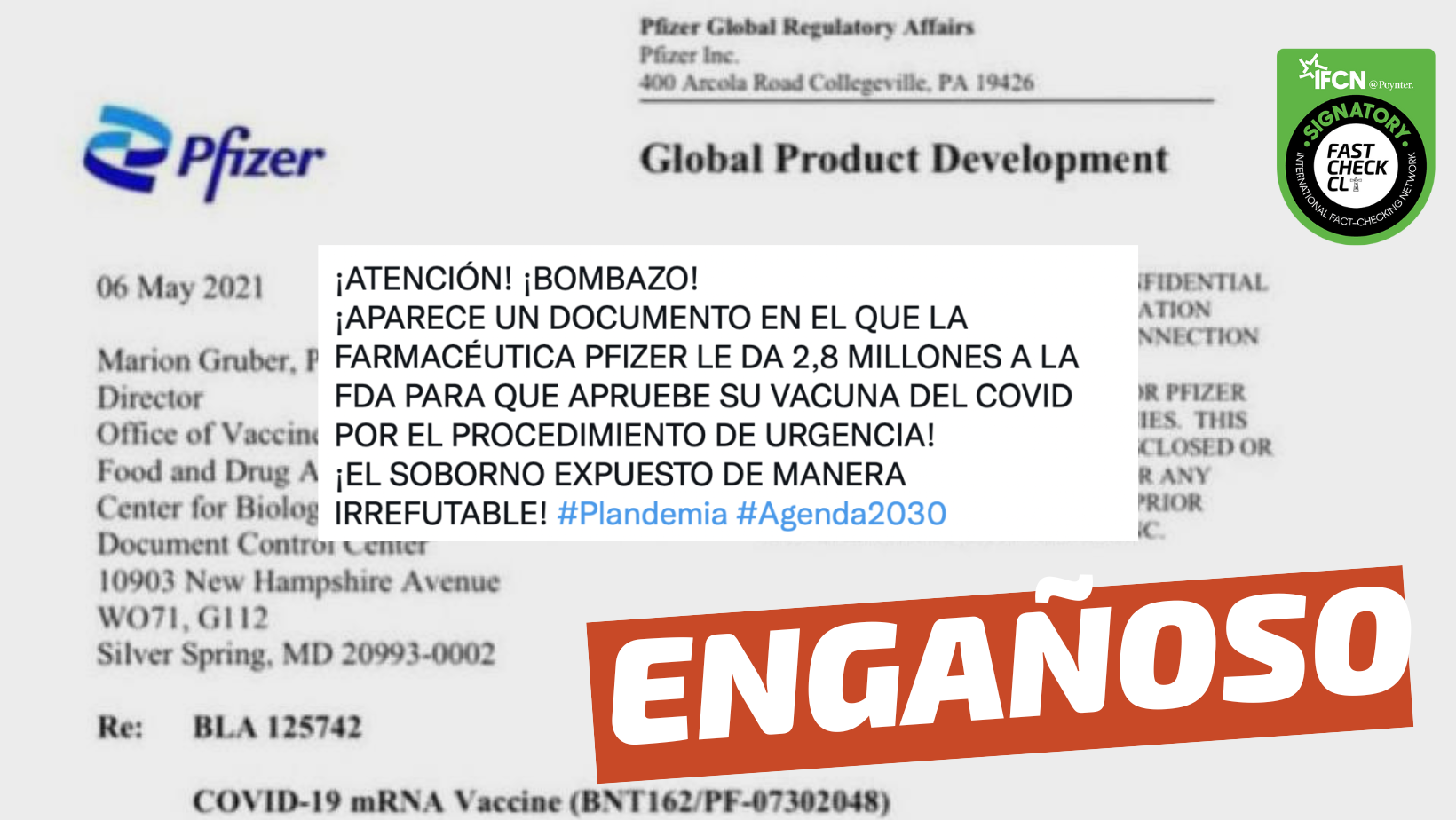 You are currently viewing (Imagen) “Farmacéutica Pfizer le da 2,8 millones a la FDA para que apruebe su vacuna de covid-19. El soborno expuesto de manera irrefutable”: #Engañoso