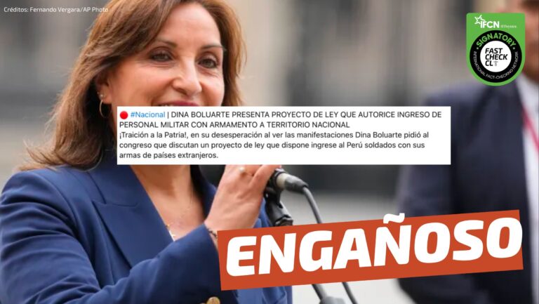 Read more about the article (Imagen) “Al ver las manifestaciones, Dina Boluarte pidió al Congreso que discutan un proyecto de ley que dispone ingresar al Perú soldados con sus armas de países extranjeros”: #Engañoso