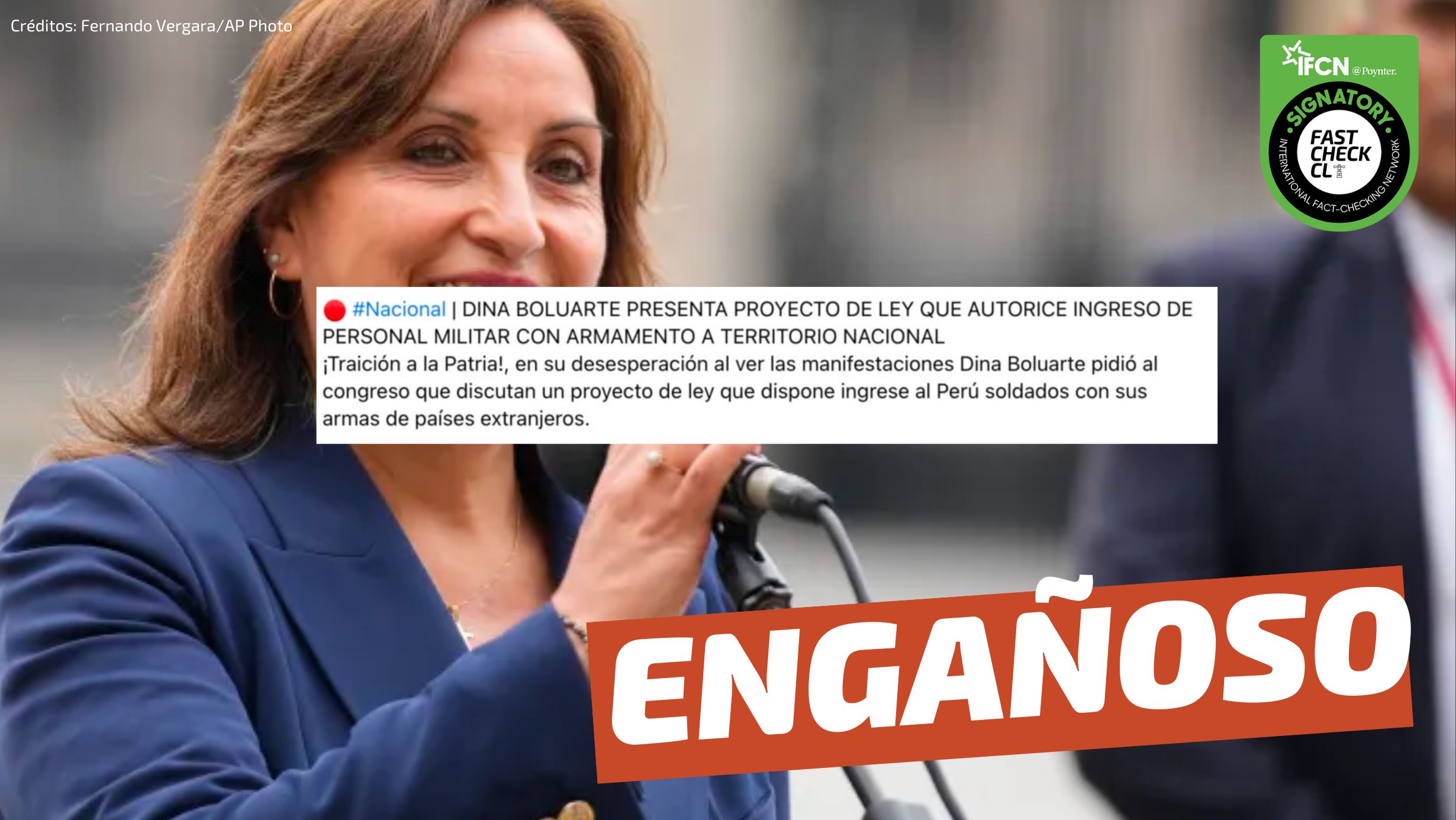 You are currently viewing (Imagen) “Al ver las manifestaciones, Dina Boluarte pidió al Congreso que discutan un proyecto de ley que dispone ingresar al Perú soldados con sus armas de países extranjeros”: #Engañoso