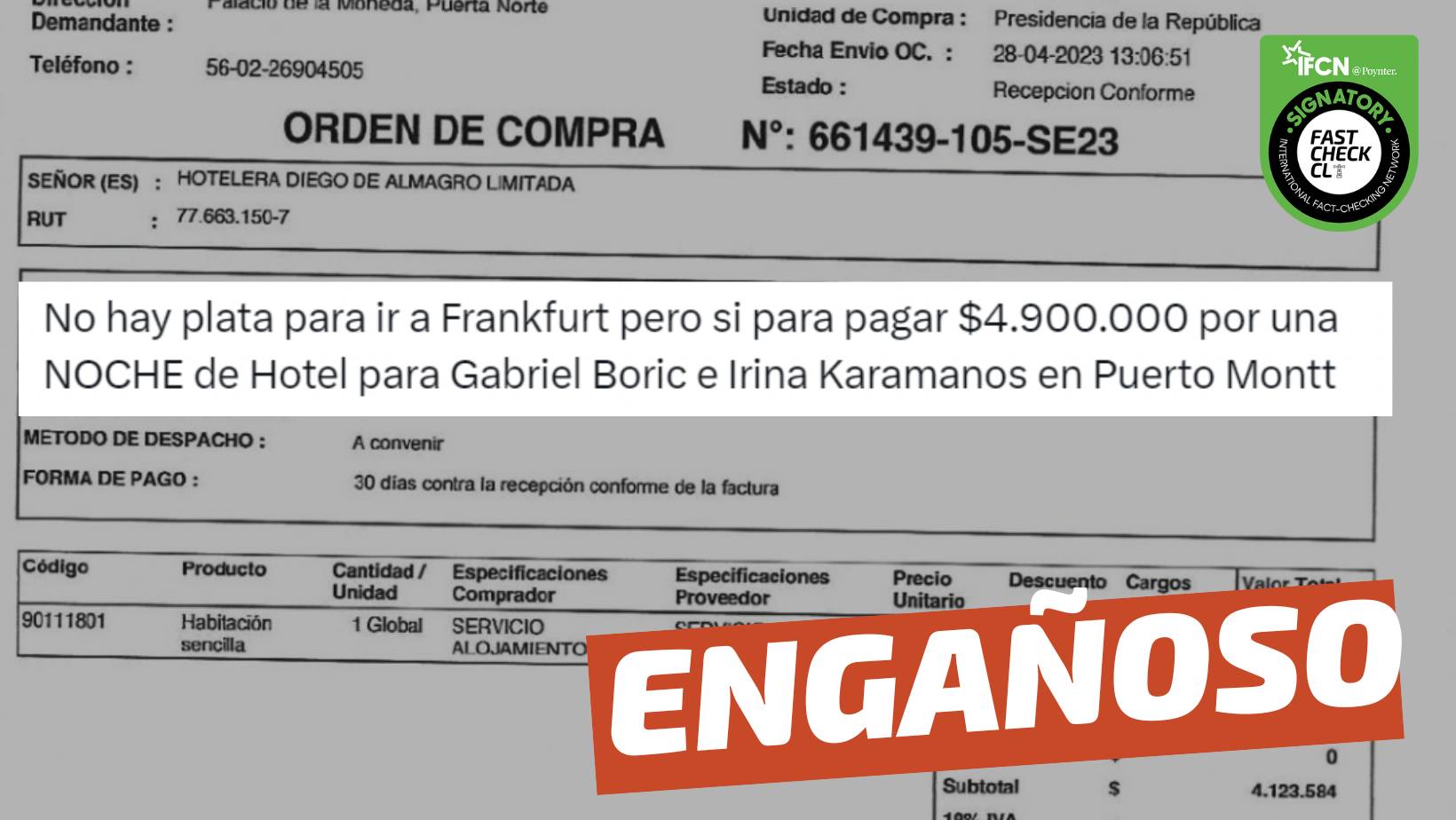 You are currently viewing (Imagen) “Gobierno pagó $4.900.000 por una noche de hotel para Boric e Irina en Puerto Montt”: #Engañoso