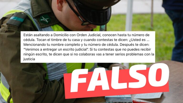Read more about the article (Cadena) “Están asaltando a domicilio con orden judicial. Conocen hasta tu número de cédula (…)”: #Falso