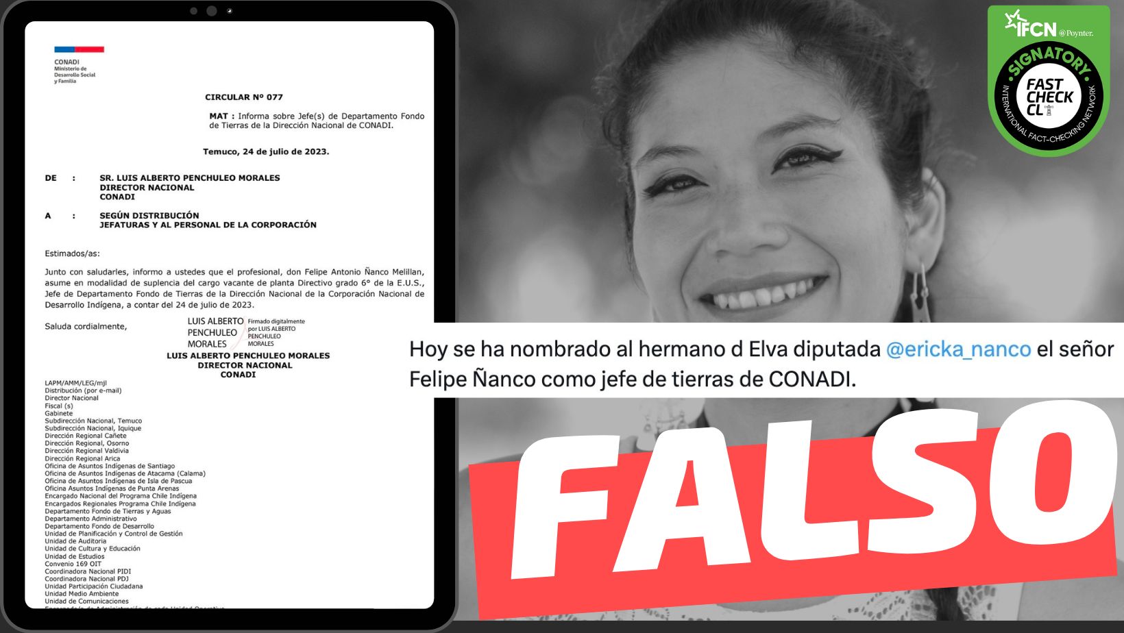 You are currently viewing “Se ha nombrado al hermano de la diputada Ericka Ñanco, el señor Felipe Ñanco, como jefe de tierras de CONADI”: #Falso