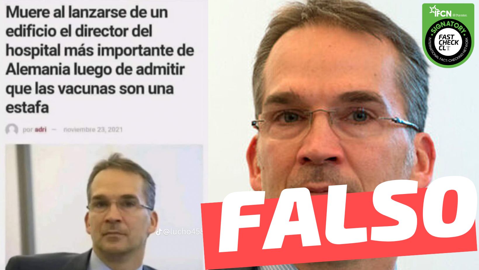 You are currently viewing (Imagen) “Muere al lanzarse de un edificio el director del hospital más importante de Alemania, luego de admitir que las vacunas son una estafa”: #Falso