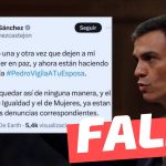 Pedro Sánchez tuiteó: “Ya he pedido una y otra vez que dejen a mi preciada mujer en paz”: #Falso