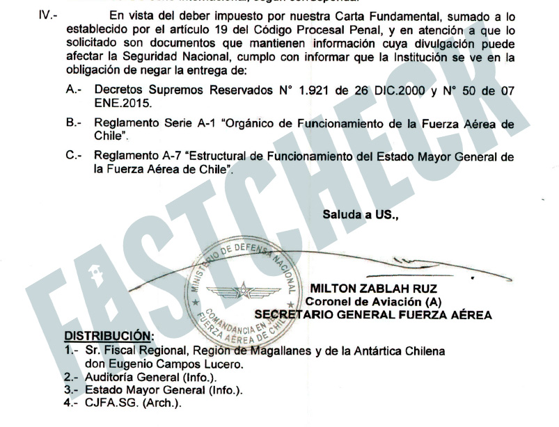 FACH deniega entrega de secretos militares a Fiscalía acusando que su divulgación afecta a la seguridad nacional.