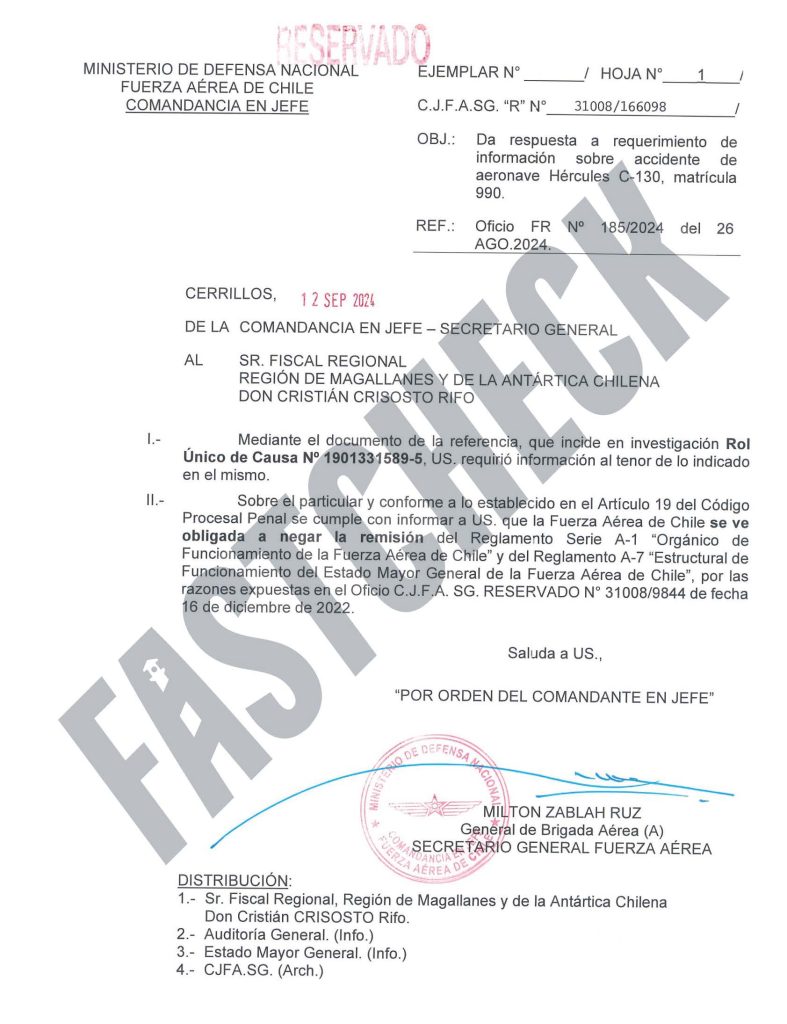 Fach niega entrega de secretos militares a Fiscalía en caso Hércules C-130.