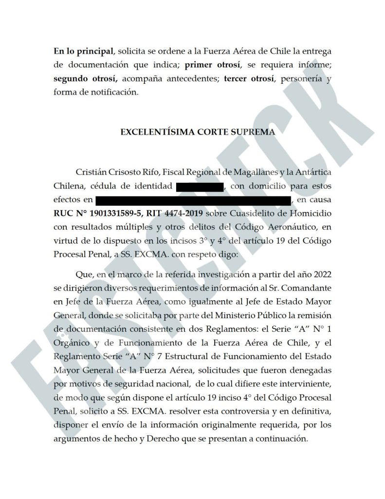 Solicitud de Fiscalía para que la Corte Suprema ordene la entrega de secretos militares de la FACH.