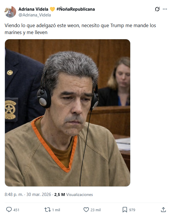 Tuit con 2,5 millones de visualizaciones de la imagen falsa de Nicolás Maduro. En el texto se lee "Viendo lo que adeltagó este weon, necesito que Trump me mande los marines y me lleven"