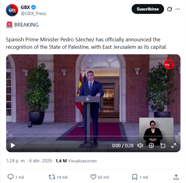 Publicación de X sobre el Primer Ministro de España Pedro Sánchez. Se incluye un video con la declaración de Pedro Sánchez, reconociendo a Palestina como un estado.
